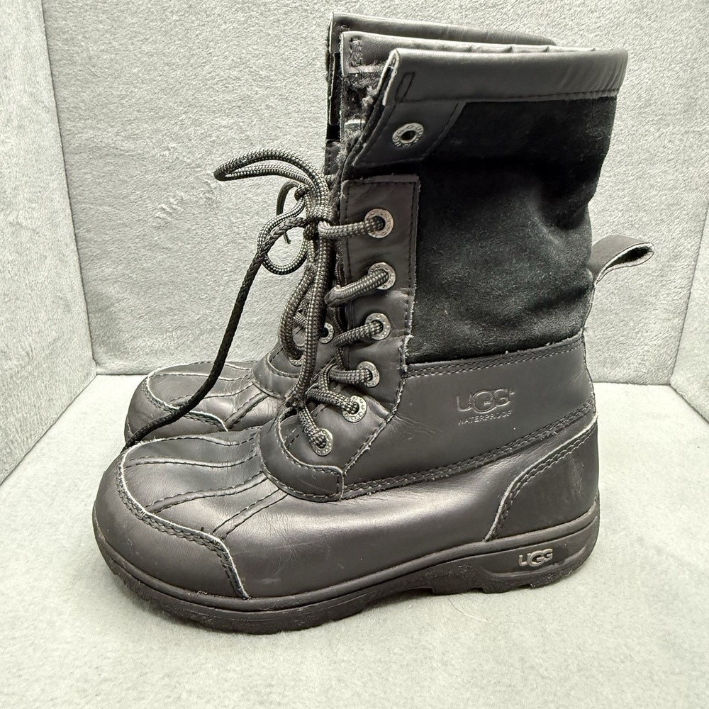 UGG Butte II CWR Kids Size 1 Black Waterproof Leather Lace-Up Snow Boots